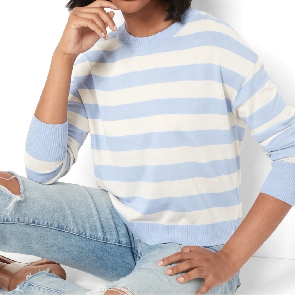 Express Lightweight Striped Crew Neck Sweater (Blue & White) Size M